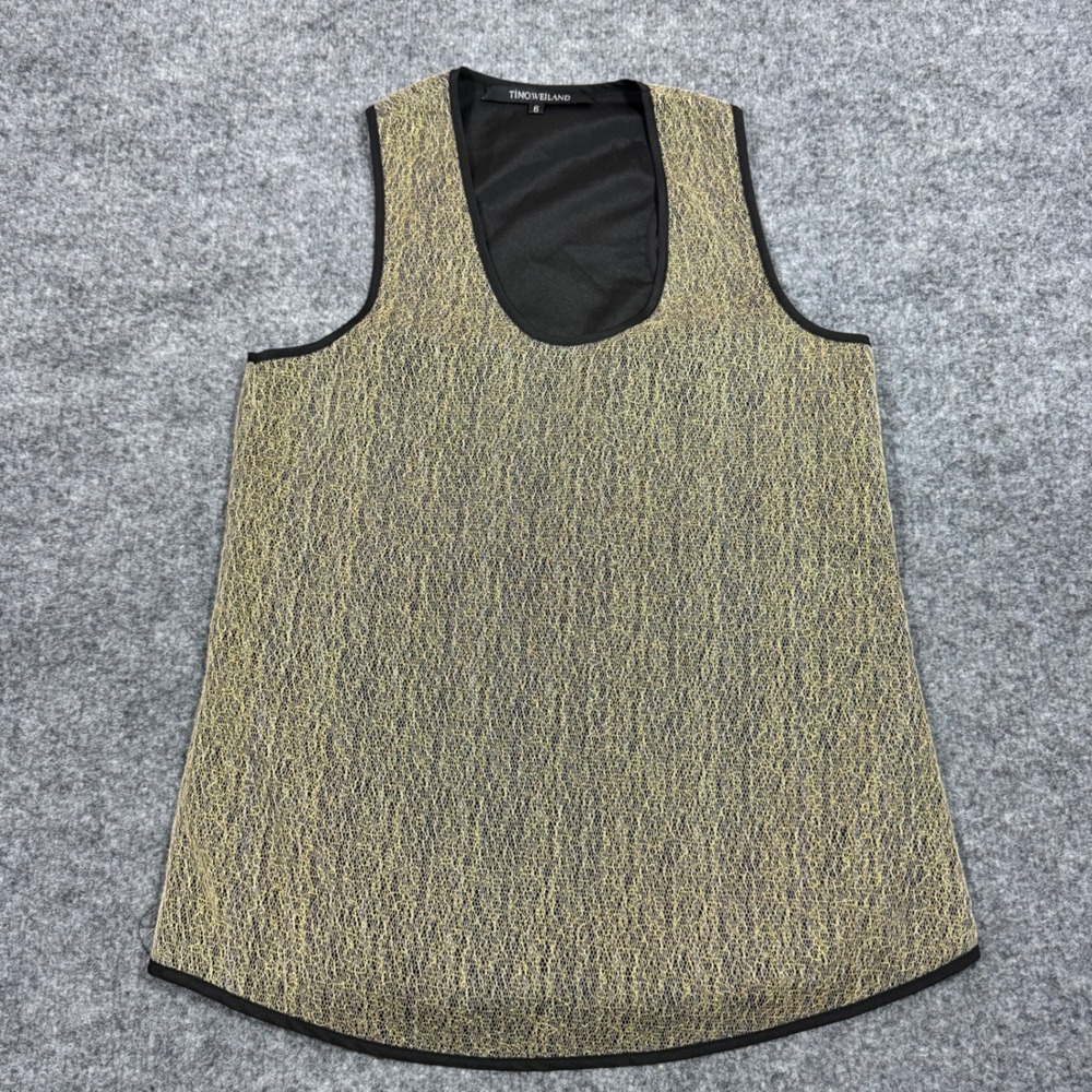 Timo Weiland Tank Top Metallic Gold Mesh Overlay Womens Size 6 Black Gold EUC